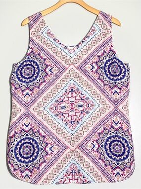 CHICO'S Reversible Tank Top Geometric Mandala-Style Pattern Pink Blue Medium
